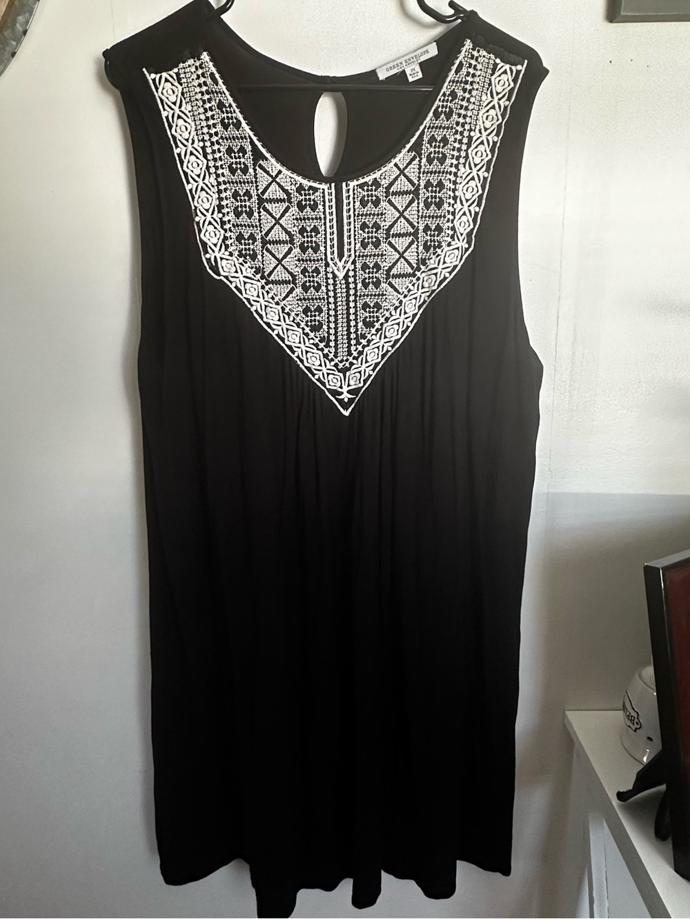 Green Envelope Black Sleeveless Tank dress  with White Embroidered Yoke